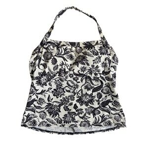 Lands End Womens Navy White Floral Halter Tankini Top Swimwear Size 8